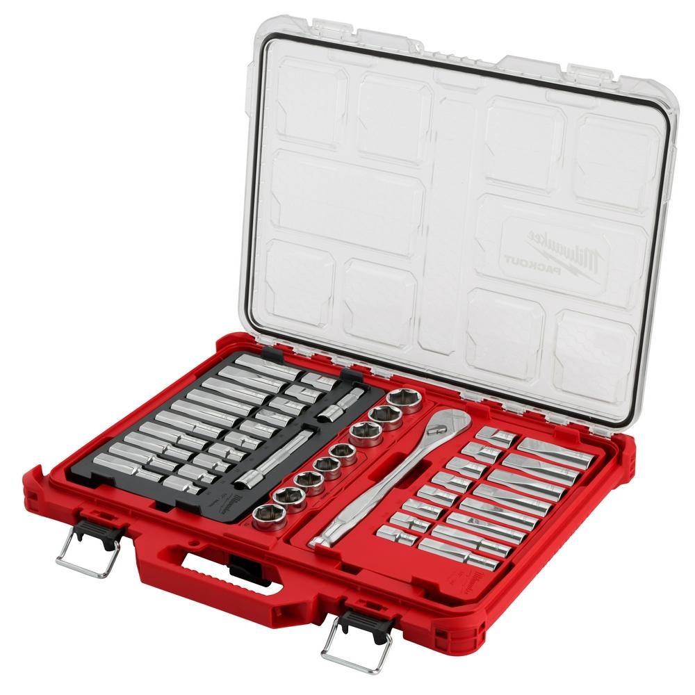 Jeu de clés à cliquet et douilles à prise de 1/2 po avec coffre de rangement PACKOUT, 47 pièces